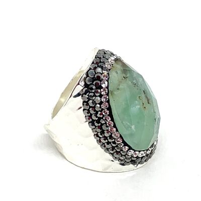 Bague strass argenté agate verte