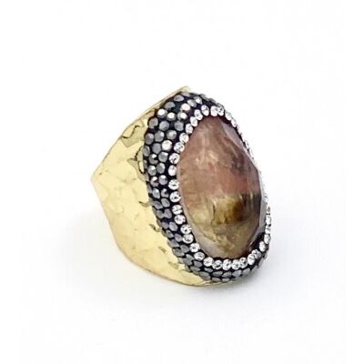 Bague strass doré water melon agate