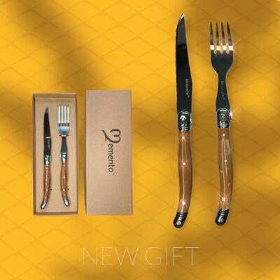 Memento™ Laguiole Set Regalo Coltello e Forchetta da Bistecca (2pz) - Caramello