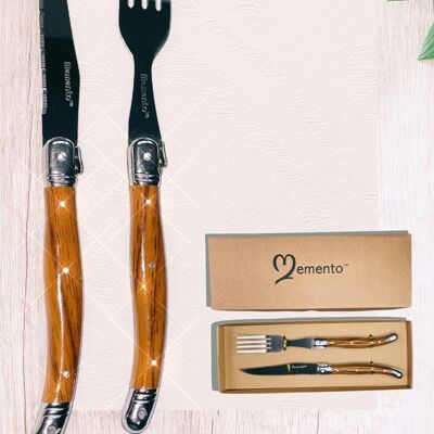Juego de regalo de cuchillo y tenedor para bistec Laguiole Memento™ (2 piezas) - Grano de madera