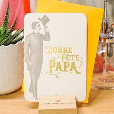 Carte Letterpress Bonne Fête Papa Gentleman (avec enveloppe), fête des pères, or, jaune, vintage, papier recyclé épais