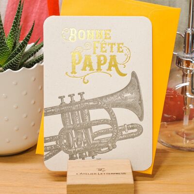 Letterpress Bonne Fête Papa Trumpet card (con busta), festa del papà, oro, giallo, vintage, carta riciclata spessa