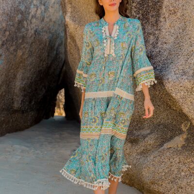 Long bohemian print dress with pompoms and lace with gold effect