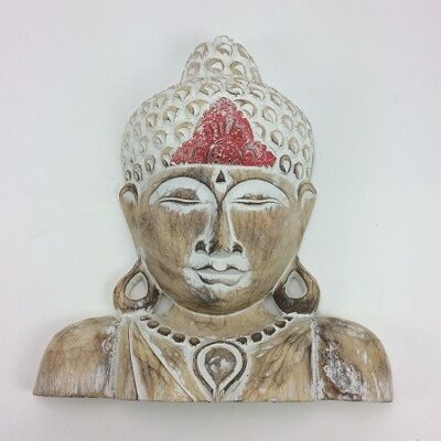 Hermoso Buda de madera encalado y rojo hecho a mano