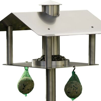 Bird house made of stainless steel with a pole and three-legged base, height 150 cm