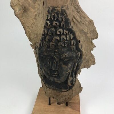 Beau Bouddha en bois sur un support 50 x 90 cm