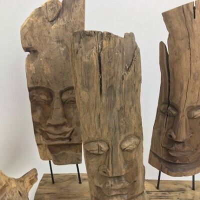 Ornements avec visages sur support H 30/50 cm fabriqués à la main en bois