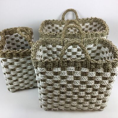 Conjunto de tres preciosas cestas de mimbre artesanales look ibicenco