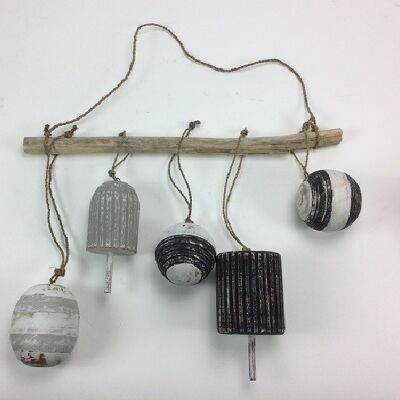 Floats 5 pieces black / gray handmade of wood Ibiza style