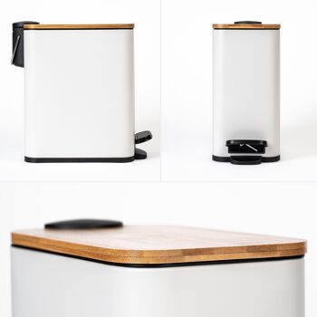 KAZAI. poubelle cosmétique design 5l | Format longitudinal | Couvercle en bois de bambou | fermeture en douceur | Antidérapant | Revêtement anti-empreintes digitales | Blanc 5