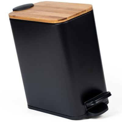 KAZAI. 5l design cosmetic bin | Longitudinal format | Bamboo wooden lid | soft close | Non-slip | Anti-fingerprint coating | Black