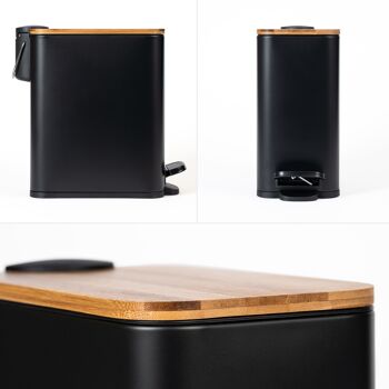 KAZAI. poubelle cosmétique design 5l | Format longitudinal | Couvercle en bois de bambou | fermeture en douceur | Antidérapant | Revêtement anti-empreintes digitales | Le noir 5