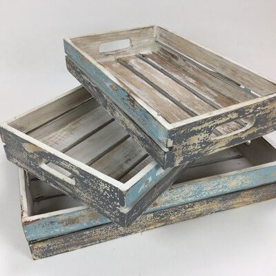 Set of three trays blue gray made of wood