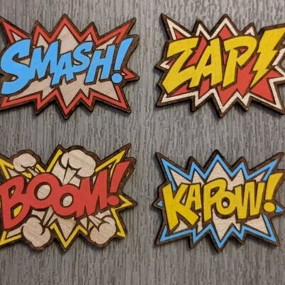 Comic style wood pin badges brooch Smash painted