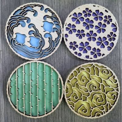 Japanese patterns coasters set of 4 pastel colours All purple with cork base