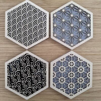 Japanese style coasters set of 4 / japanese patterns Black and White with cork base