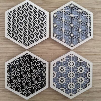 Japanese style coasters set of 4 / japanese patterns All black without cork base