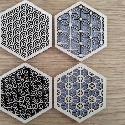 Japanese style coasters set of 4 / japanese patterns All black without cork base