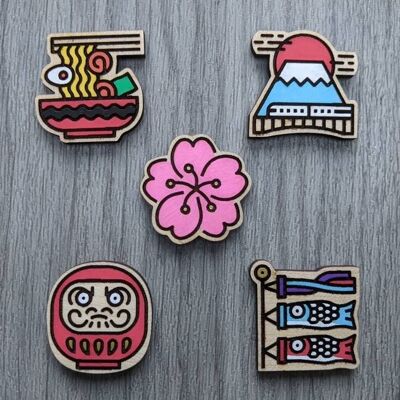 Japanese style wood pin badges brooch 5 pack