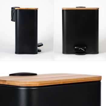 KAZAI. poubelle cosmétique design 5l | Paysage | Couvercle en bois de bambou | fermeture en douceur | Antidérapant | Revêtement anti-empreintes digitales | Le noir 5