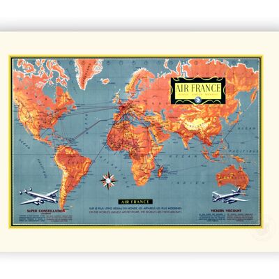 Affiche Air France - MAPPEMONDE découvrez le monde… - 40x50