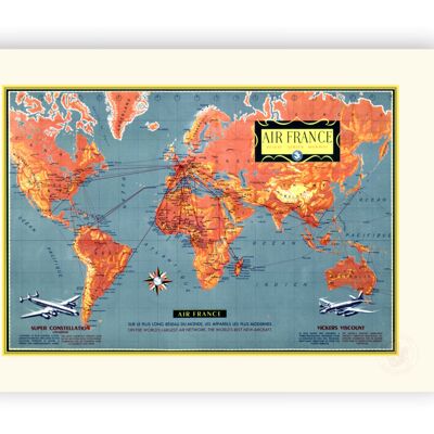 Affiche Air France - MAPPEMONDE découvrez le monde… - 50x70 en tube
