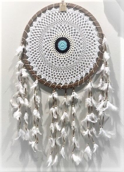 Acchiappasogni bianco con turchese diametro 50 cm stile Ibiza