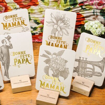 Paquete de prueba: 10 tarjetas tipográficas para el Día de la Madre y el Día del Padre (con sobre), papel reciclado grueso, dorado, amarillo y vintage