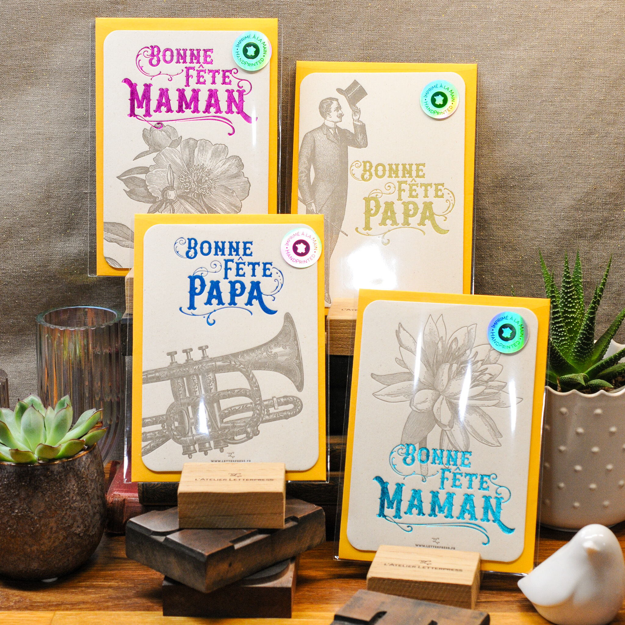 Pack Implantation Fête des Mères et Fête des Pères : 10 Cartes Letterpress (avec enveloppe), or, jaune, vintage, papier recyclé épais