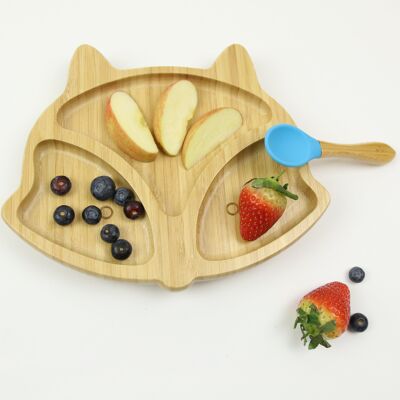 Fox Bamboo Plate with Matching Spoon - Blue