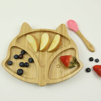 Fox Bamboo Plate with Matching Spoon - Pink