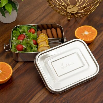 Sattvii Edelstahl Lunchbox Brotdose mit L-Lock Medium 800 ml Feste Trennwände Essensbox TÜV geprüft I Bestes Meal Prep I Box bpa frei I Jausenbox Frühstücksbox Brotbüchse Brotzeitbox