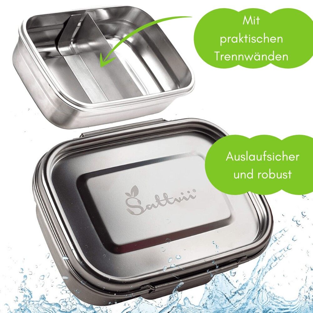 Sattvii® Premium Edelstahl Brotdose | Lunchbox mit Trennwand | Auslaufsicher, Spülmaschinenfest & TÜV-LFGB geprüft | Kleinkindtaugliche softclips | 550 ml | Schule, Kita & Kindergarten | mit Fächern