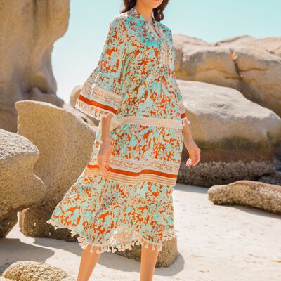 Long bohemian print dress with pompoms and lace with gold effect