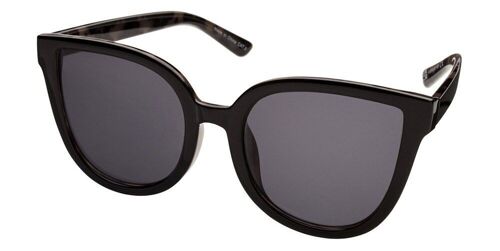Sunglasses - LENORA - Oversized Cat Eye in milky tort frame with black frontspray and dark grey lenses.