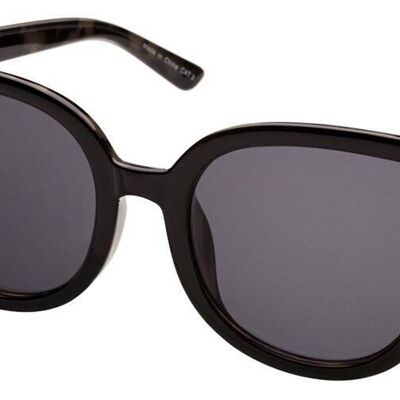 Sonnenbrille - LENORA - Oversized Cat Eye in milchigem Schildpattrahmen mit schwarzem Frontspray und dunkelgrauen Gläsern.