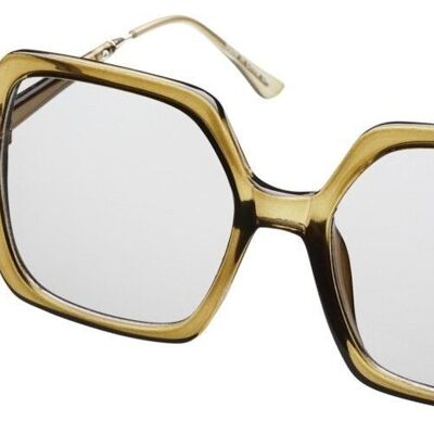 Sunglasses - DEBORAH - 70's supersize Square in dark clear Olive green with gold frame and light grey lenses