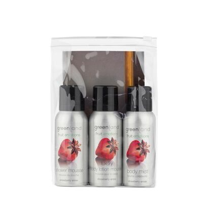 Coffret voyage douche & mousse pour le corps, brume corporelle-fraise&anis