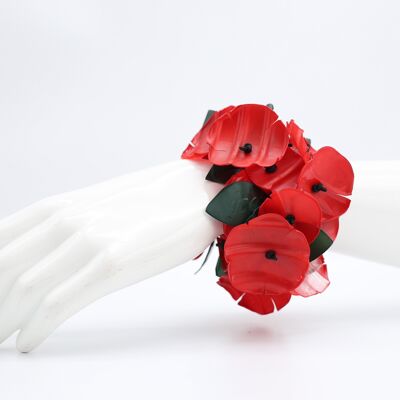 Aqua Poppy with Green Leaf Bracelet - Red/Green