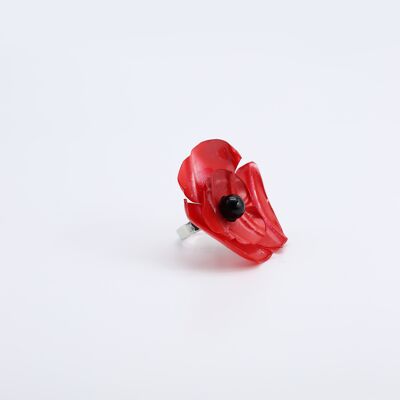 Aqua Poppy Big Ring - Hand painted - Red