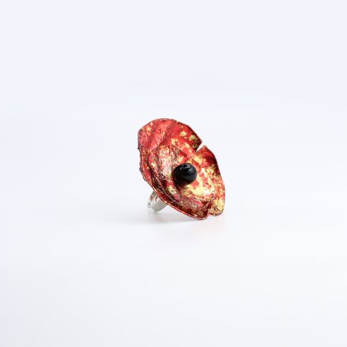 Aqua Poppy Big Ring - Hand gilded - Gold and Red