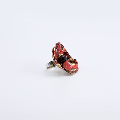 Aqua Poppy Big Ring - Hand gilded - Black/Gold/Red