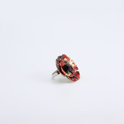 Aqua Poppy Small Ring - Hand gilded - Black/Gold/Red
