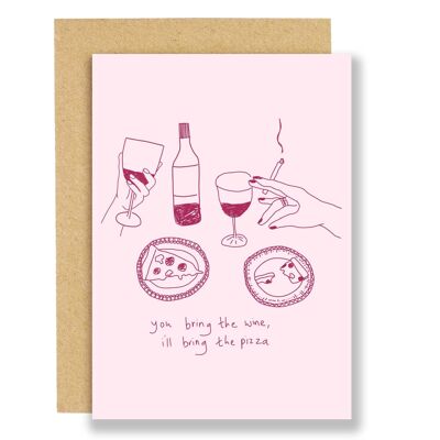 Tarjeta de felicitación - vino y pizza