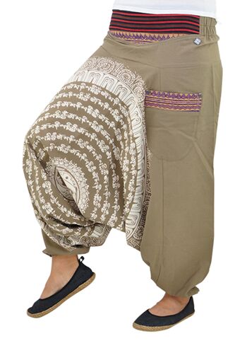 virblatt - Pantalon Aladdin femme | 100% coton | Goa pantalon sarouel femme bloomer sarouel hippie été pantalon femme - Nirvana S/M kaki - A 3