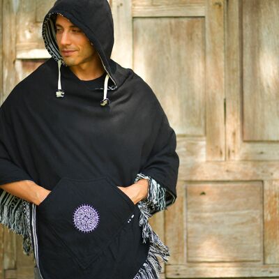 virblatt - Poncho homme | 100% coton | Poncho Hiver Népal Veste | fonction de tournage | Poncho en tissu à capuche Jerga Baja - Abajo L-XL noir