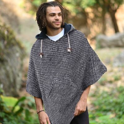 virblatt - Men's Poncho | Wool & polar fleece | Nepal Jacket Jerga Hoodie | turning function | Alpaca Wool - Abajo Wool S-M black spotted