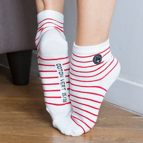 Les chaussettes basses rayées en coton BIO | Blanc/rouge