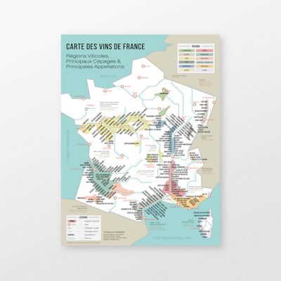 French Wine Map and grape varieties poster