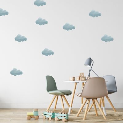 Adesivo murale in tessuto nuvole blu, acquerello digitale, arredamento vivaio